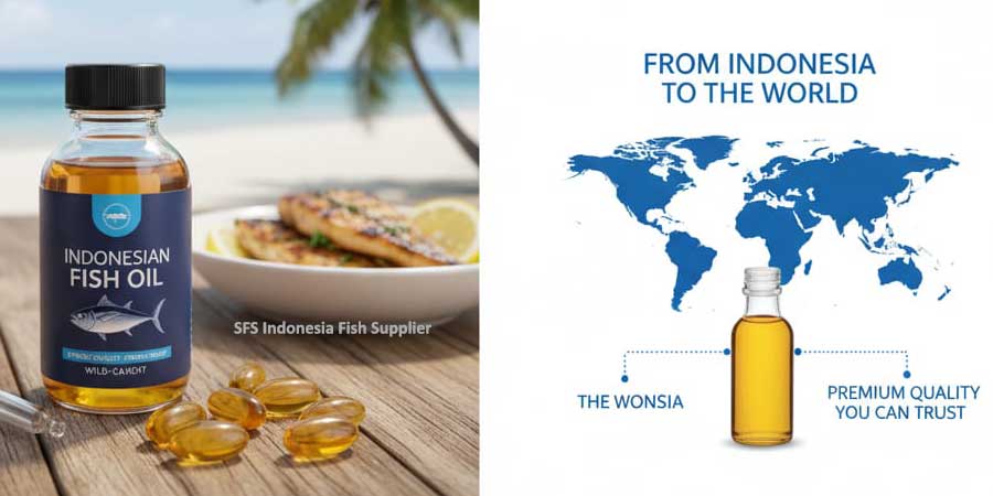 Bulk fish oil stored in export drums at an Indonesian supplier facility